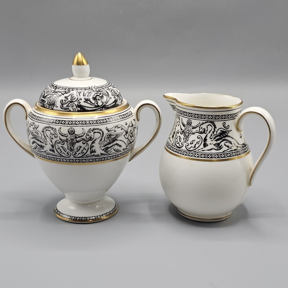 Wedgwood Florentine Black Dragon Sugar Bowl & Creamer Set Made In England Bone